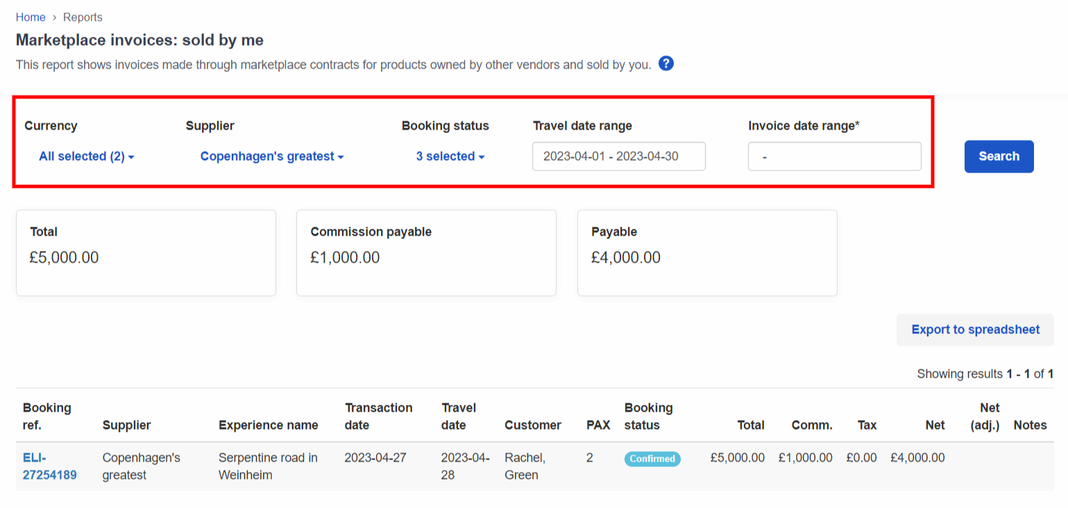 The Marketplace invoice report: sold by me with all filterable options highlighted