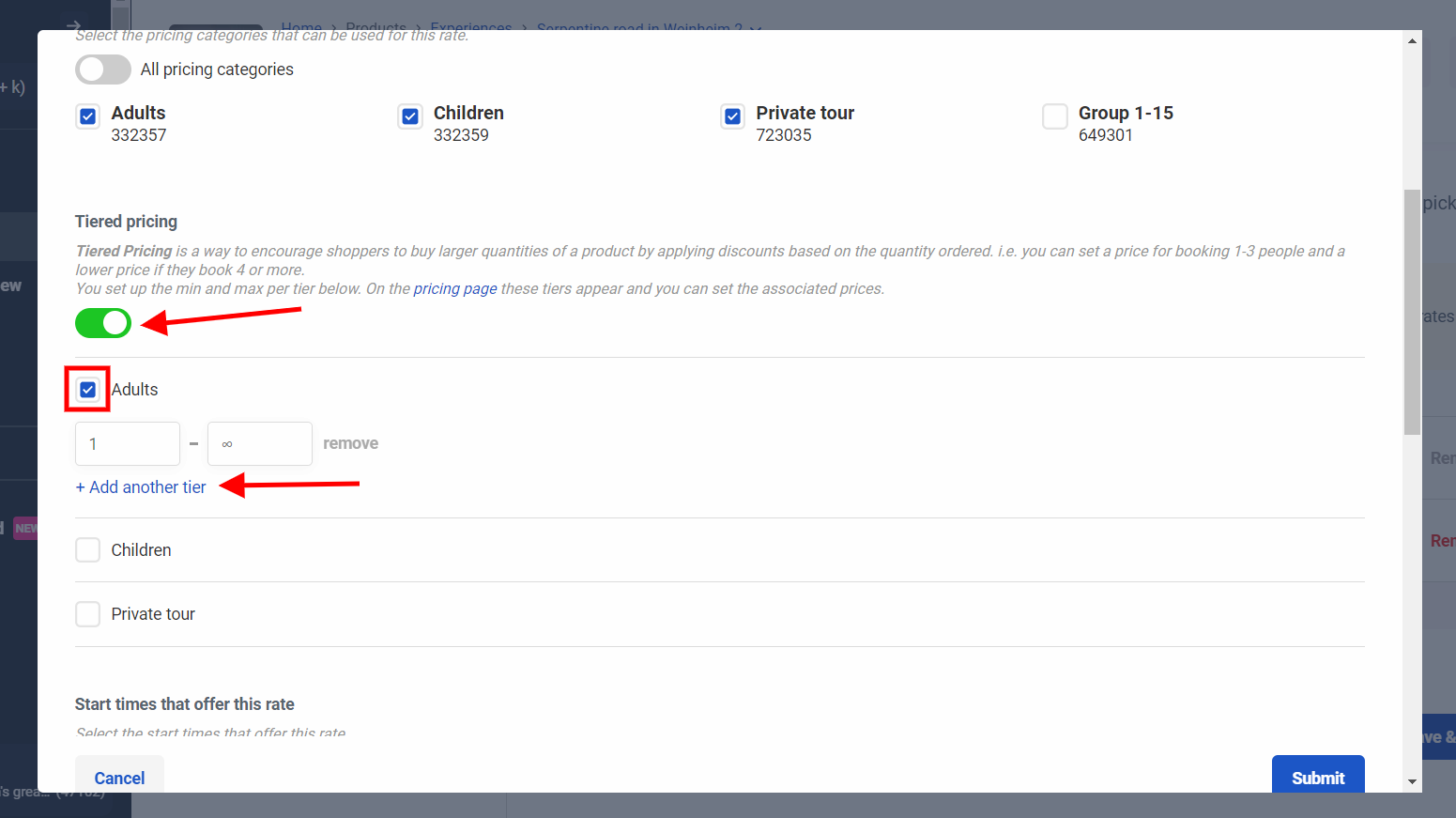 The edit rates window showing the tiered pricing switch