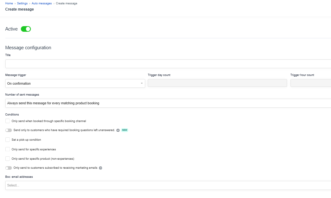 The create automessage message form in Bokun