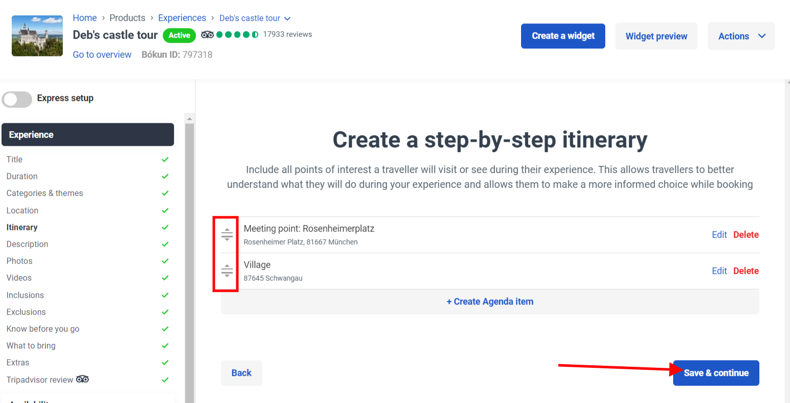 Drag and drop bars on each itinerary item