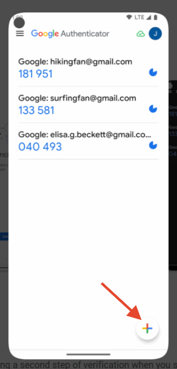 Phone view of the opened google authenticator app with an error highlighting the plus button in the bottom right corner