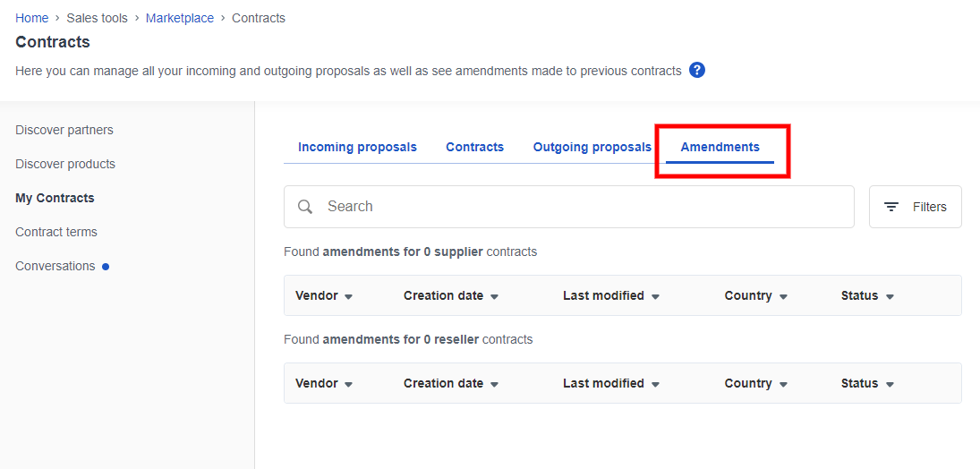 The amendment tab on the marketplace contracts