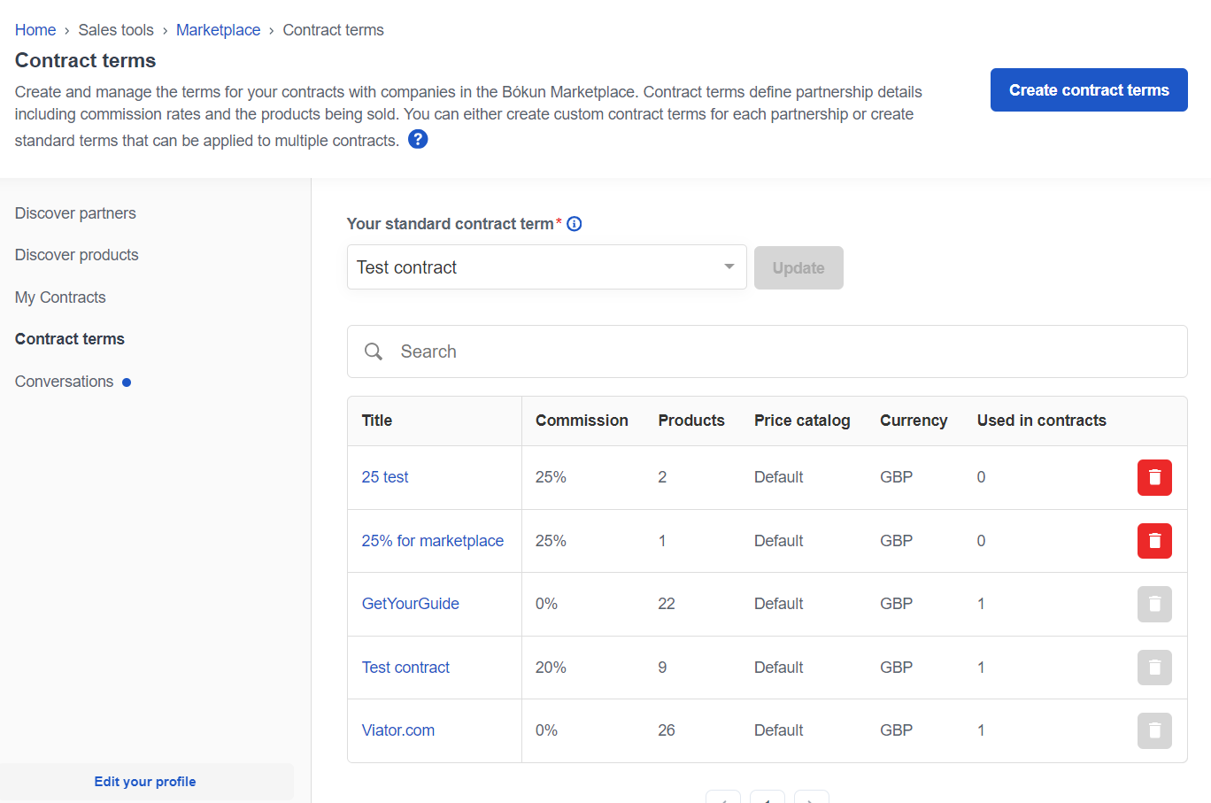 The contract terms view in the marketplace