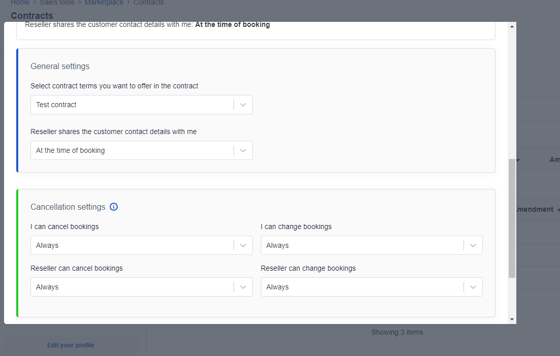 The general settings and cancellation settings on an edited contract