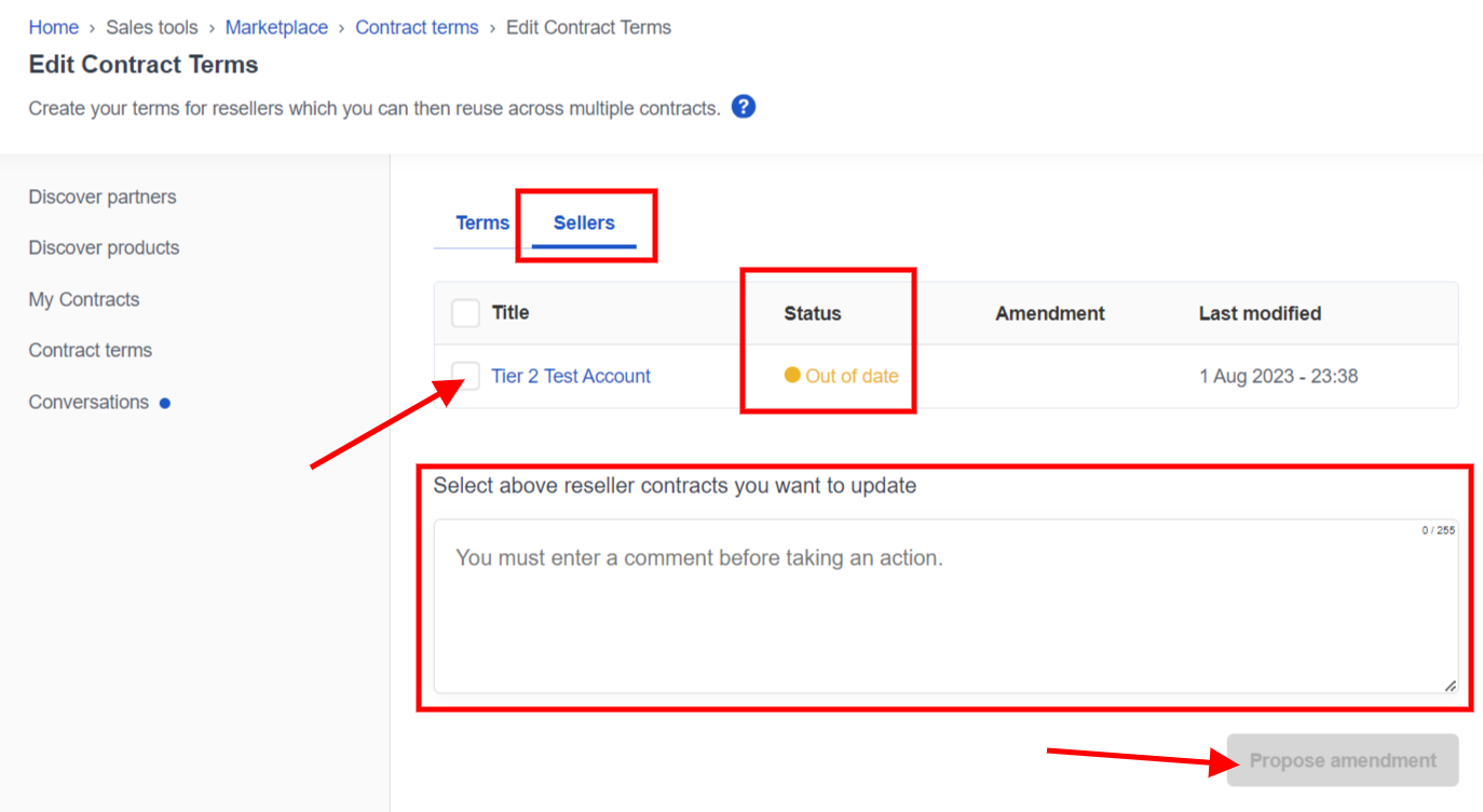 An out of date contract with a highlighted tick box and arrows to the propose amendment button