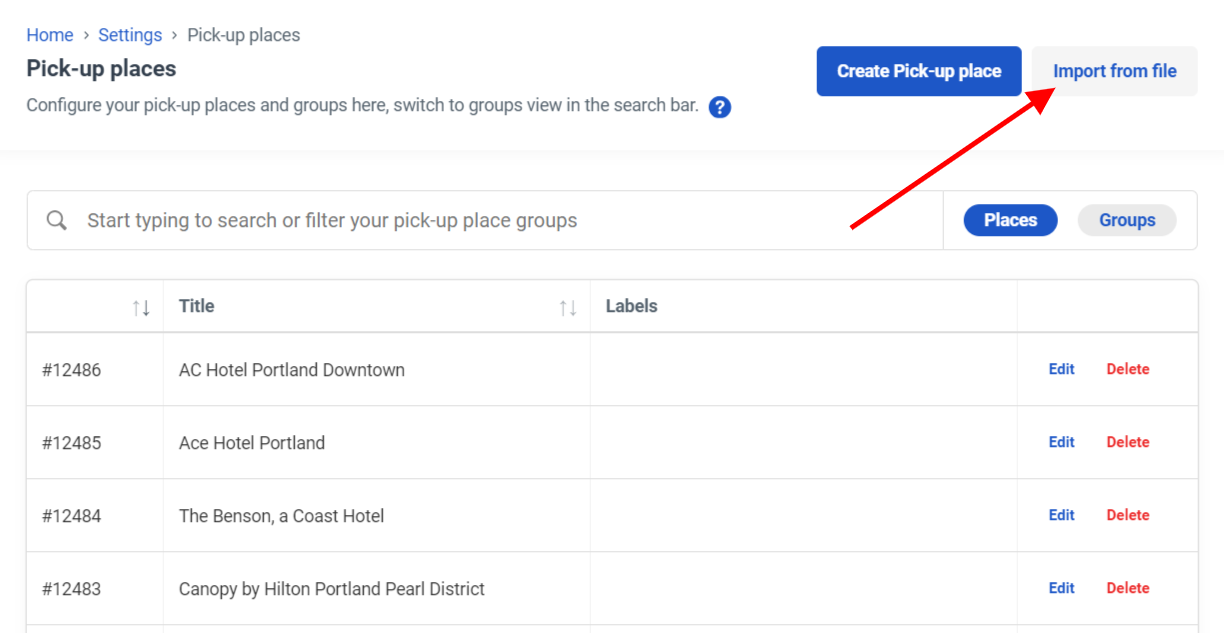 The pick-up places site with the import from file button highlighted