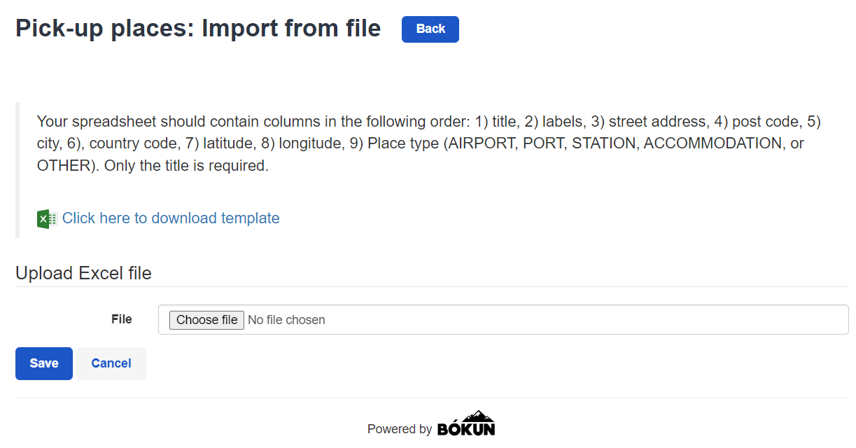 The pick-up places import from file view asking to choose a file for the upload