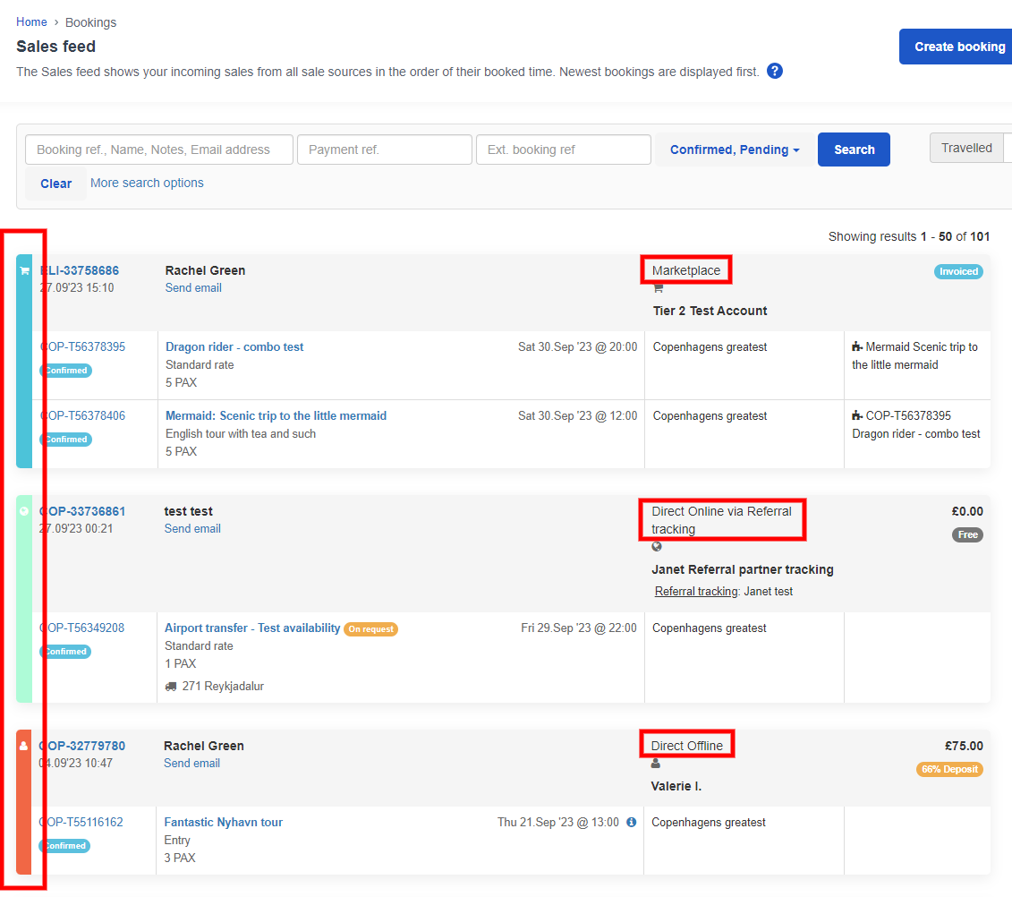 View of the sales feed in bokun with Highlighted segments