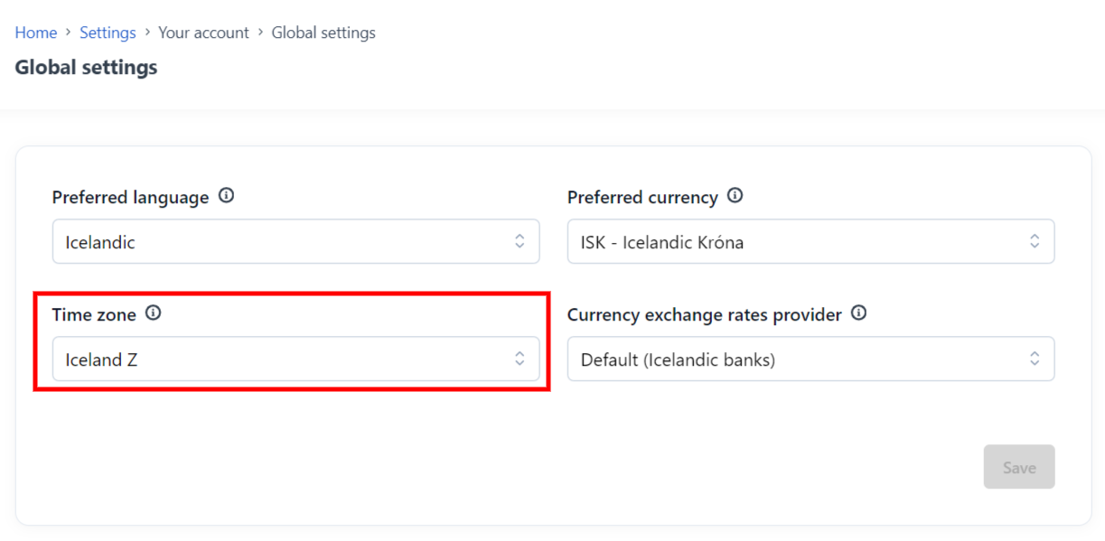 Global settings page showing time zone highlighted